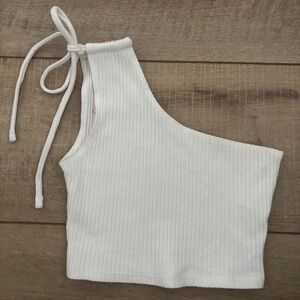 Aerie White Ribbed One-Shoulder Top